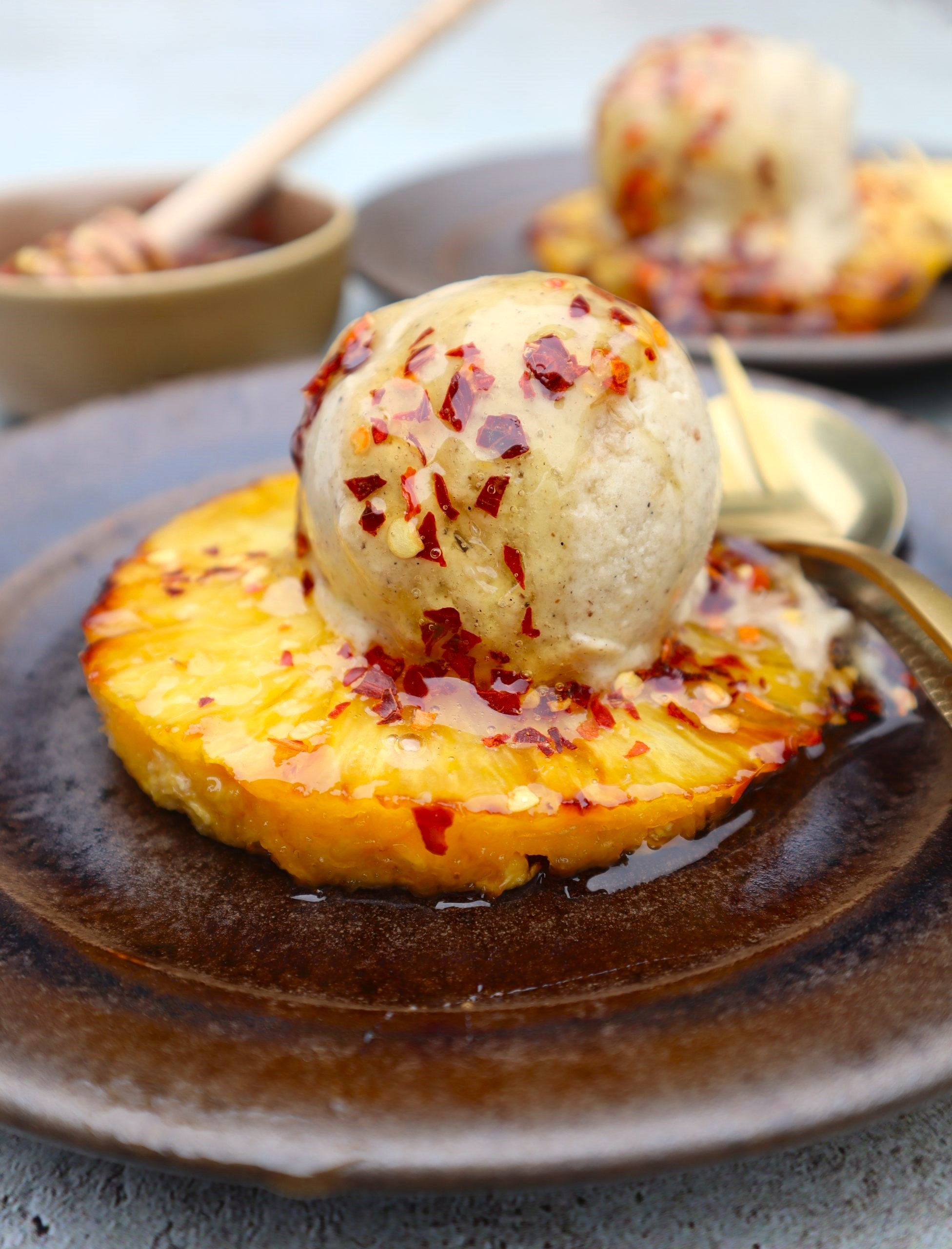 Marinated Pineapple with passion Fruit Sorbet with Cinnamon Ice Cream 